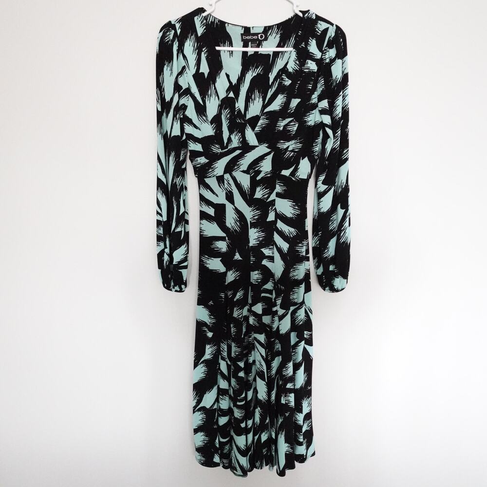 Vintage Bebe O Jersey Printed Teal Black Long Sleeve Midi Dress Made in USA XS